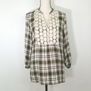*NWT* LINDA ANDERSON Green Plaid Tunic Top w/Daisies & Pearls Roll Tab Sleeves-S